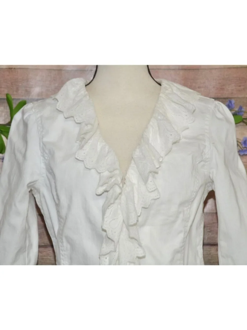 Ralph Lauren Jeans Co White Denim Ruffle Eyelet Lace Jacket Blazer Size 12 Boho - Picture 2 of 12